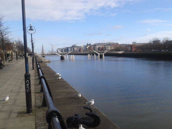 Liffey. Og Samuel Beckett Bridge fra 2009 i baggrunden. Navngivet efter en af Irlands andre store litterære personligheder fra det 20. århundrede.