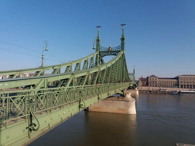 Donau-floden. Europas næstlængste. Og Frihedsbroen. Der er fra 1894. Stilmæssigt er den art nouveau. 
